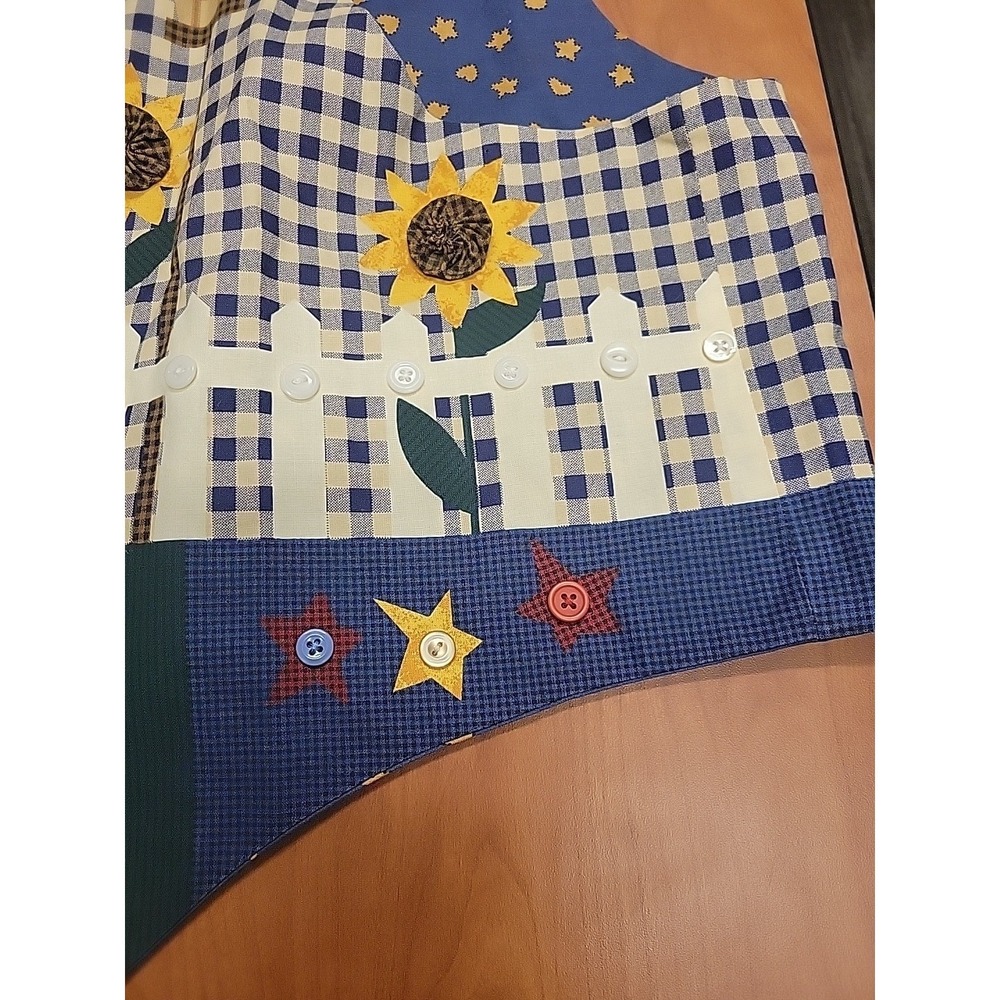 Vintage Cottagecore Patchwork Vest Sunflower Birdhouse Gingham Blue Artisan Sz L - Picture 5 of 12